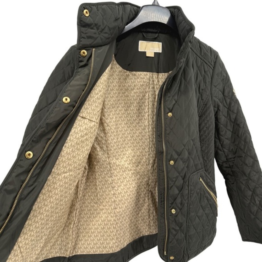 MICHAEL KORS Quilted Puffer Jacket Zip Hoodie Olive Green Pre-Owned Womens Small